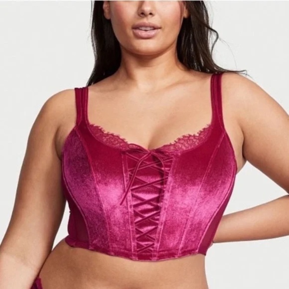 New! Victoria’s Secret Unlined Lace-Up Velvet Corset Top Raspberry 45812